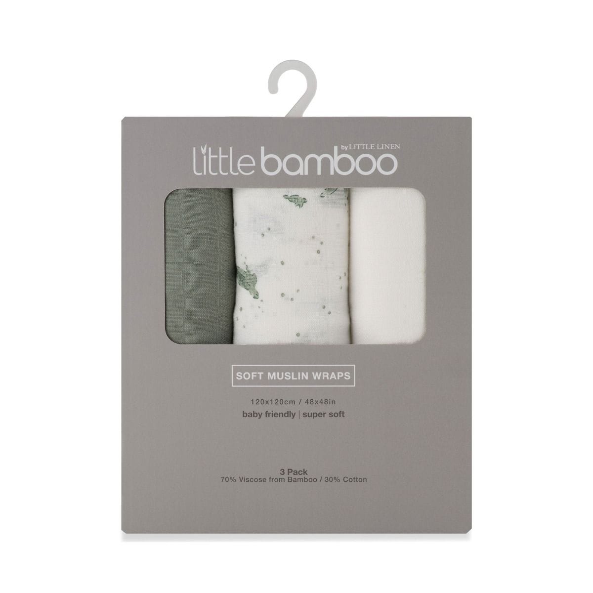 Set of three Little Bamboo Muslin Wraps in Turtle Bay design, soft baby accessories for swaddling and comfort.