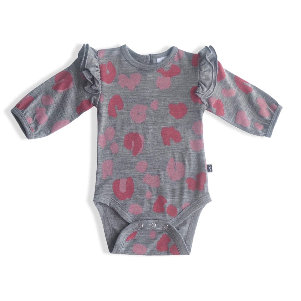 Little Flock Of Horrors Girls Onesie Merino Luna Bodysuit in Ash Marle Roar