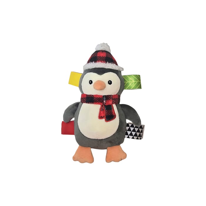 Mary Meyer Taggies Merry Mingle Rattle Christmas penguin soft toy with colorful ribbon tags