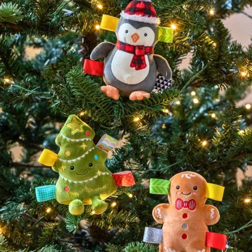 Mary Meyer Taggies Merry Mingle soft toy rattle with colorful tags and plush design
