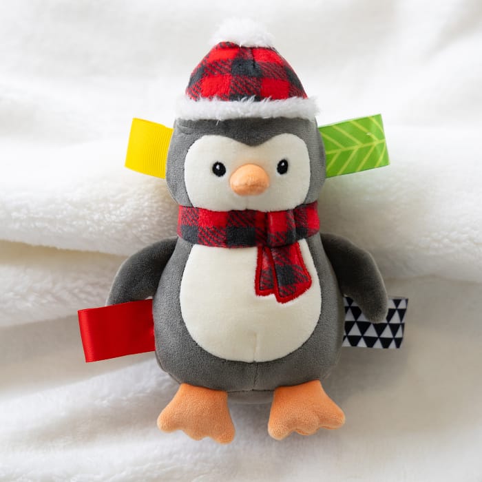 Mary Meyer Taggies Merry Mingle Rattle soft toy with colorful textured ribbons and plush design