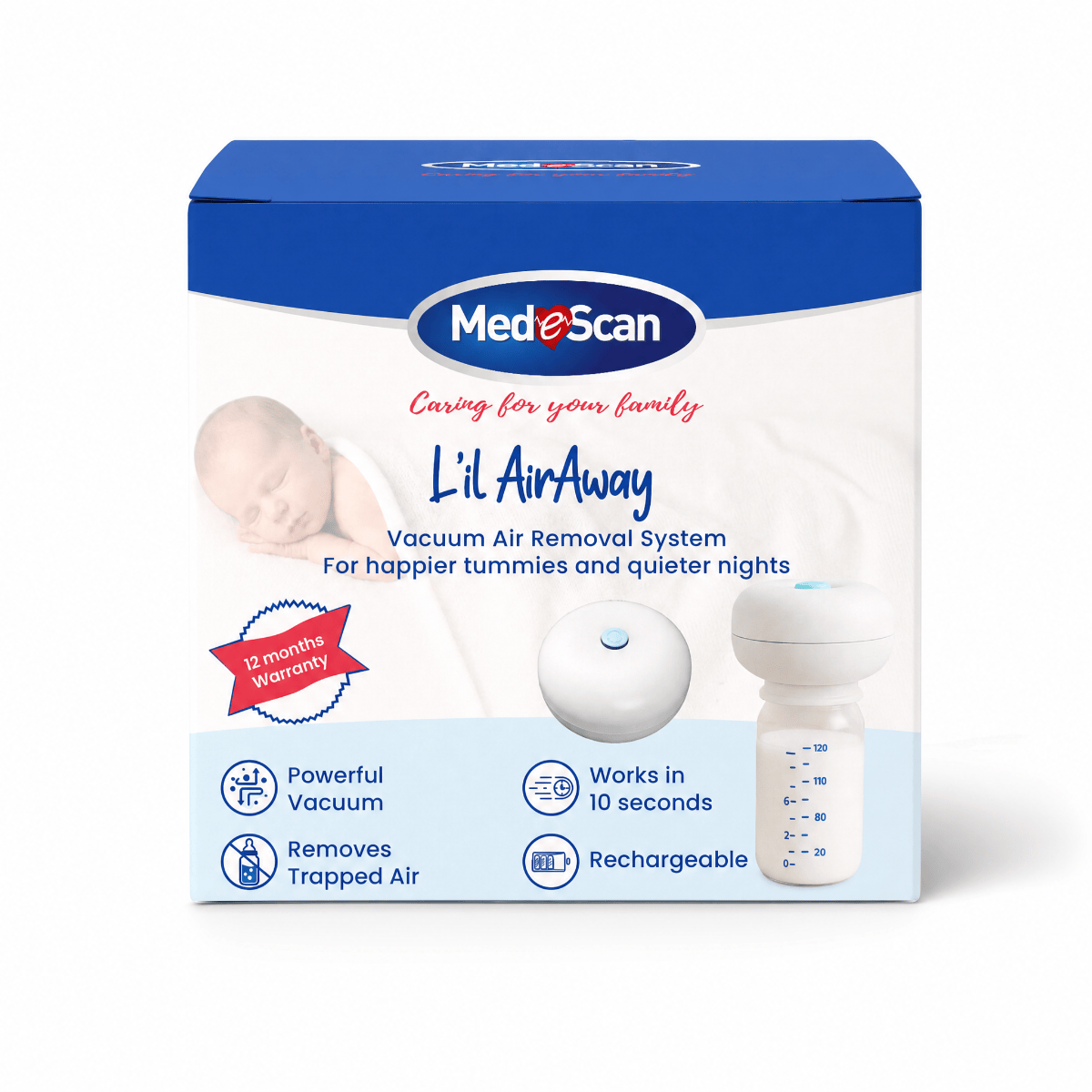 Med-E-Scan L'il AirAway Milk Air Remover for Gas Relief, baby care device with soft silicone nipple and ergonomic design for infants.