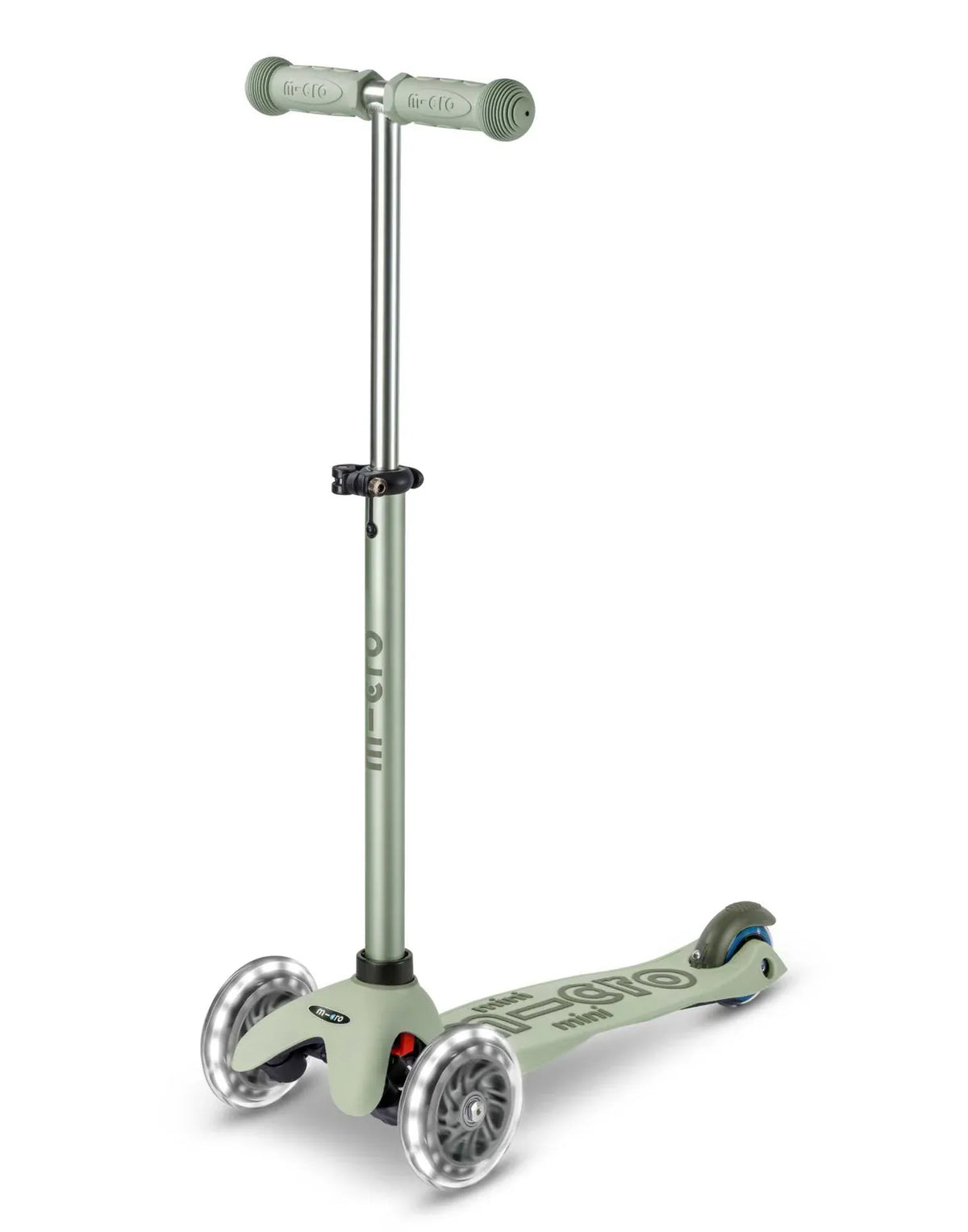 Micro Mini2Grow Deluxe LED scooter in olive sage green with three wheels and LED light-up wheels