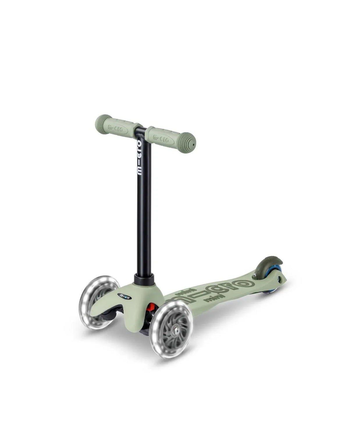 Micro Mini2Grow Deluxe LED scooter in olive sage green with three wheels and adjustable handlebar