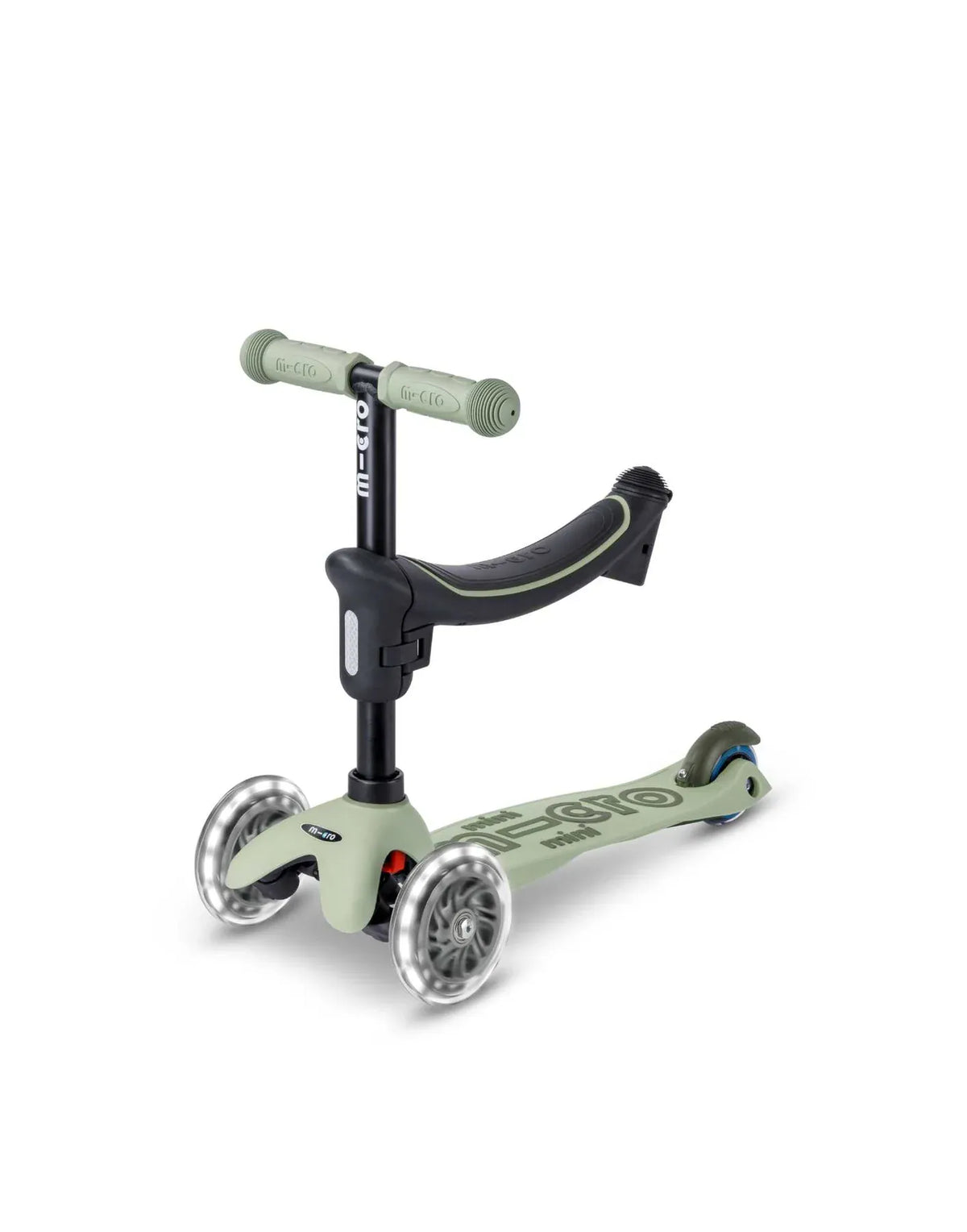 Micro Mini2Grow Deluxe LED scooter in olive sage with three wheels and adjustable handlebar