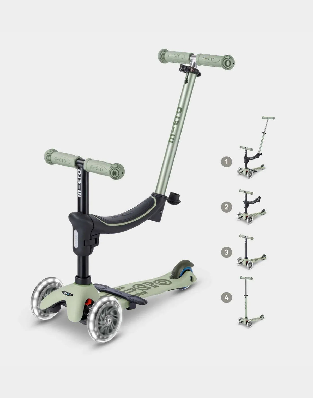 Micro Mini2Grow Deluxe LED Scooter in olive sage with three wheels and illuminated front wheels