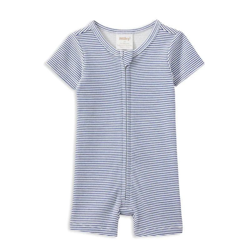 Milky Boys Onesie 0-3M Blue Rib Zip Romper
