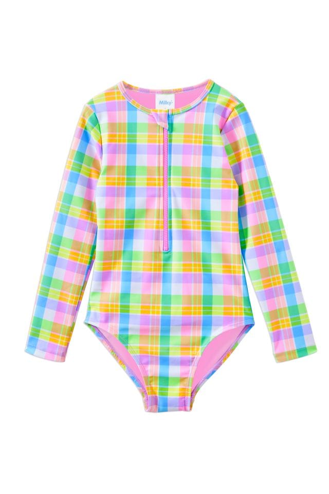 Milky Girls Swimwear 3-6M Carnival Check L/S Swimsuit