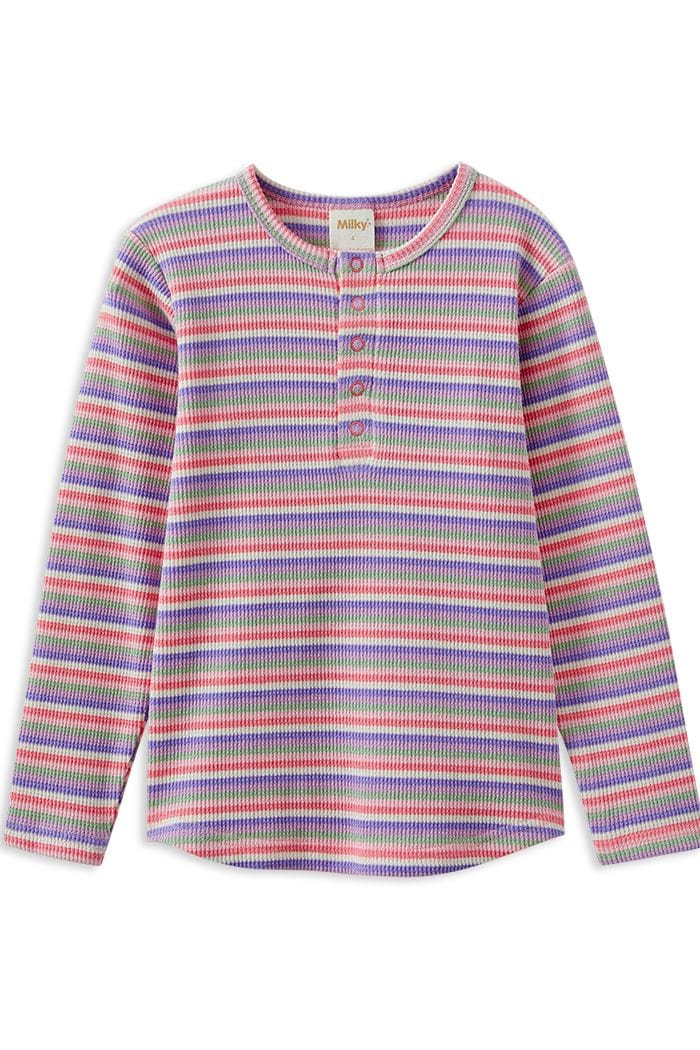 Milky Girls Top Stripe Waffle Henley