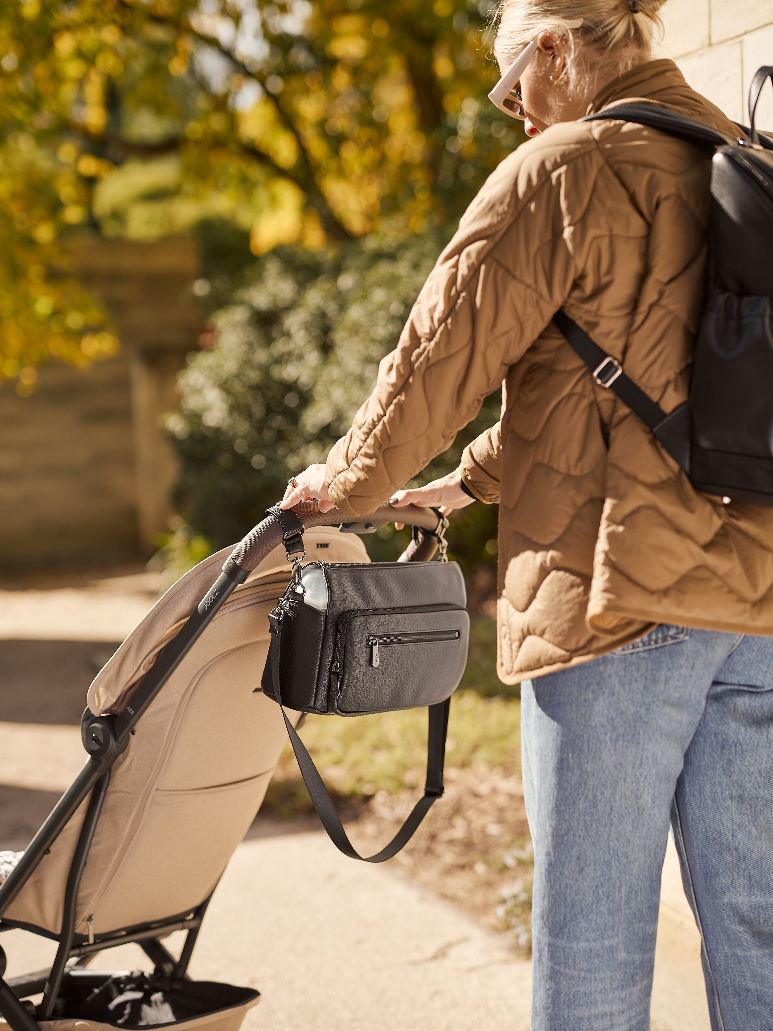 OiOi Baby Accessory Multitasker Pram Caddy - Black Vegan Leather