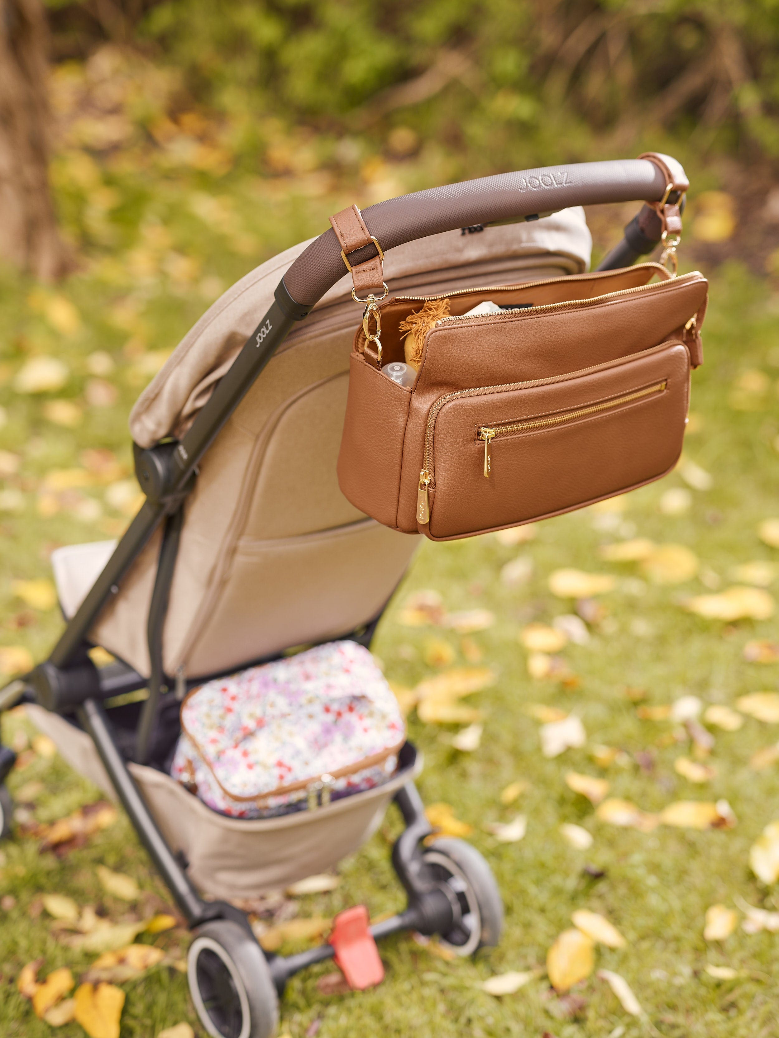 OiOi Baby Accessory Multitasker Pram Caddy - Chestnut Brown Vegan Leather