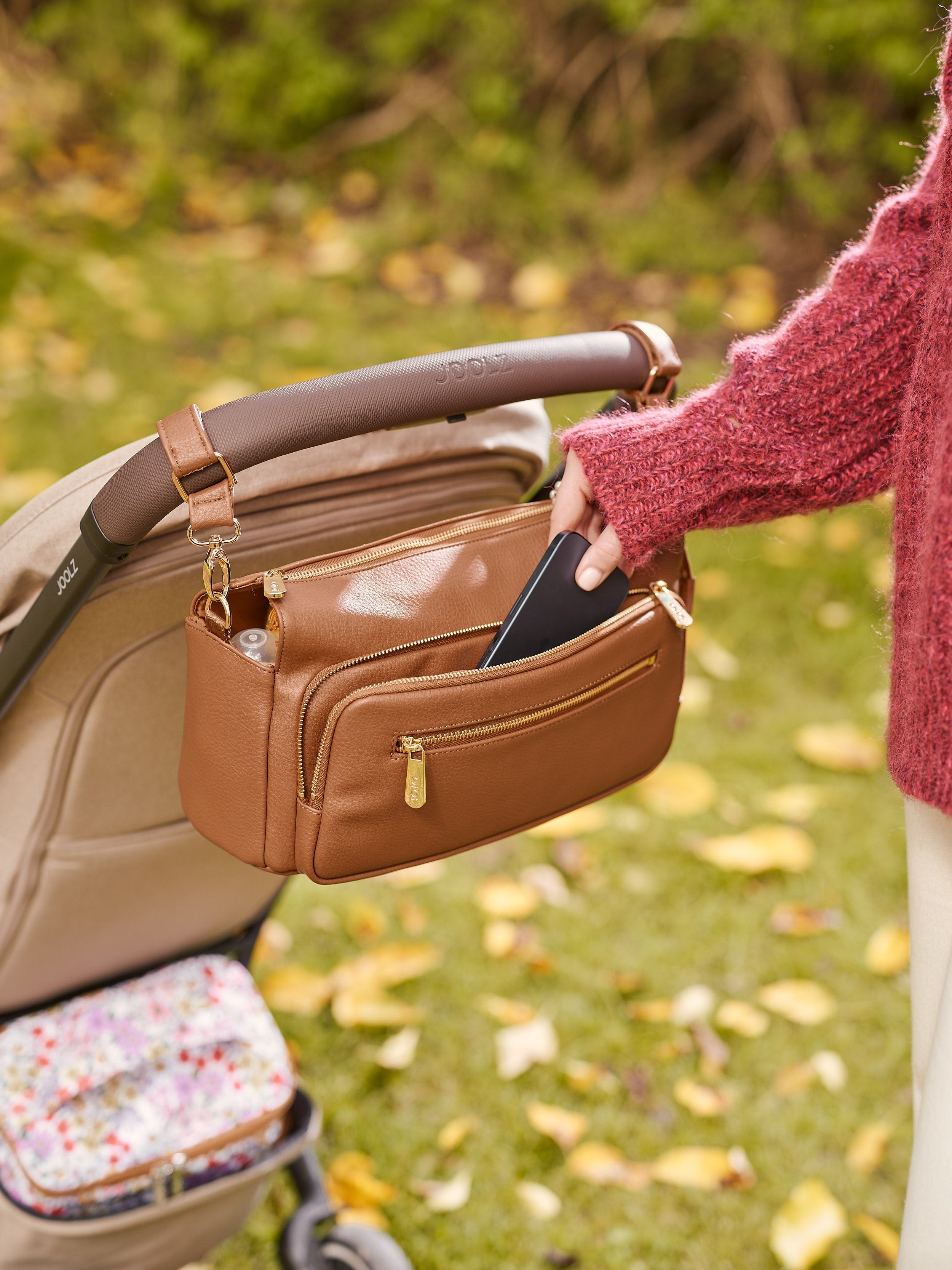 OiOi Baby Accessory Multitasker Pram Caddy - Chestnut Brown Vegan Leather