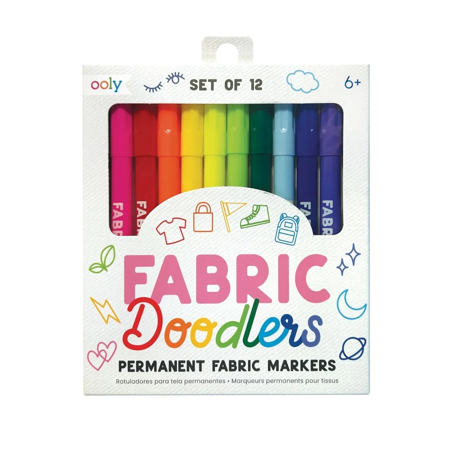 Ooly Fabric Doodlers Markers set of colorful toys for fabric art and crafts, featuring vibrant markers on a white background.