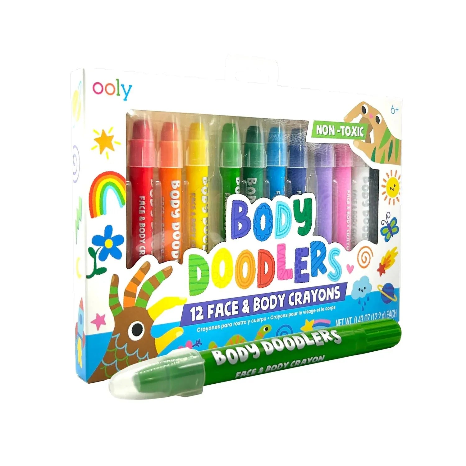 Ooly Face & Body Doodlers Crayons set of colorful crayons designed for creative face and body art on toys and skin.
