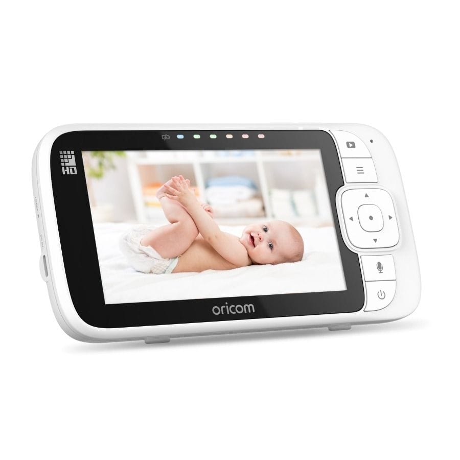 Oricom 5-inch Smart HD Nursery Pal Glow+ baby monitor showing a parent viewing a nursery with a bright display and camera lens