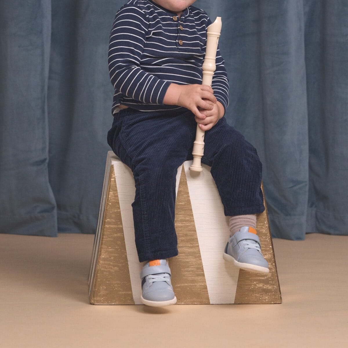 Pretty Brave SID Indigo Combo boys' shoes with navy and tan color block design, featuring sturdy soles and comfortable straps.