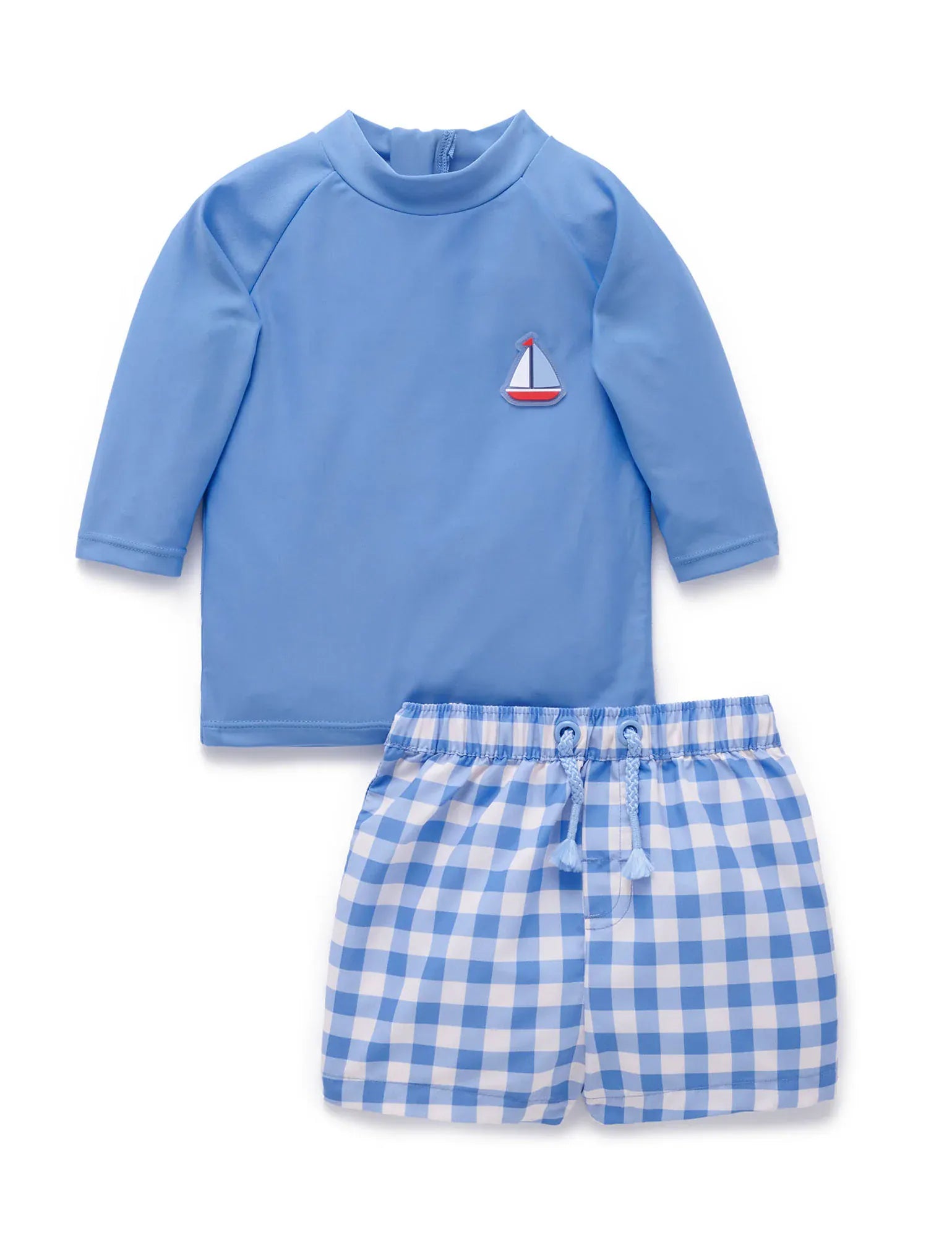 Purebaby Boys Swimwear Blue Jay Gingham Board Short & Rashie Set