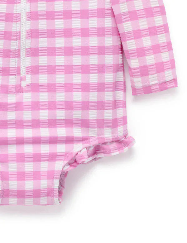 Purebaby Girls Swimwear Grape Gingham Frilly Long Sleeve Swimsuit