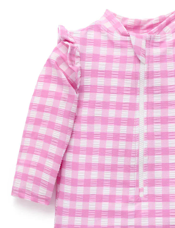 Purebaby Girls Swimwear Grape Gingham Frilly Long Sleeve Swimsuit