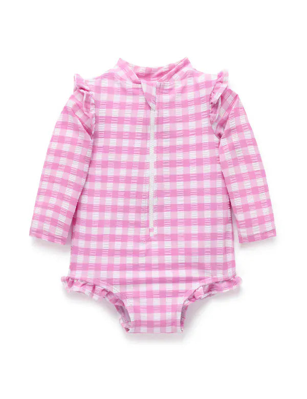Purebaby Girls Swimwear Grape Gingham Frilly Long Sleeve Swimsuit