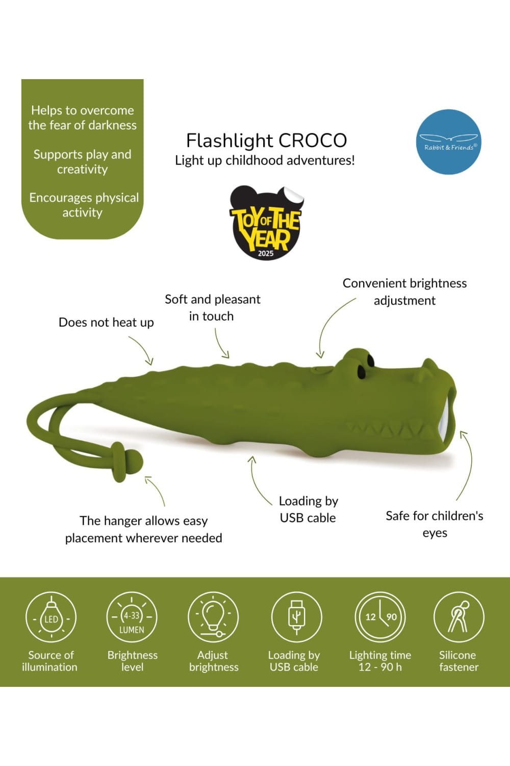Rabbit & Friends Toys Silicone Crocodile Flashlight