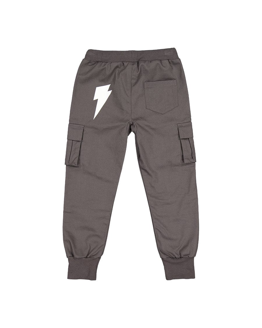 Kids' cargo pants in charcoal from Radicool Dude, featuring a relaxed fit and multiple pockets for casual style.