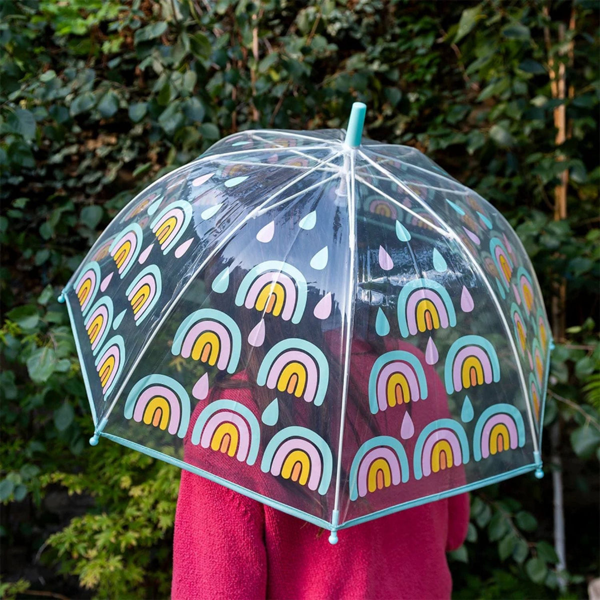 Rex London girls’ transparent rainbow umbrella with colourful rainbow print and curved handle
