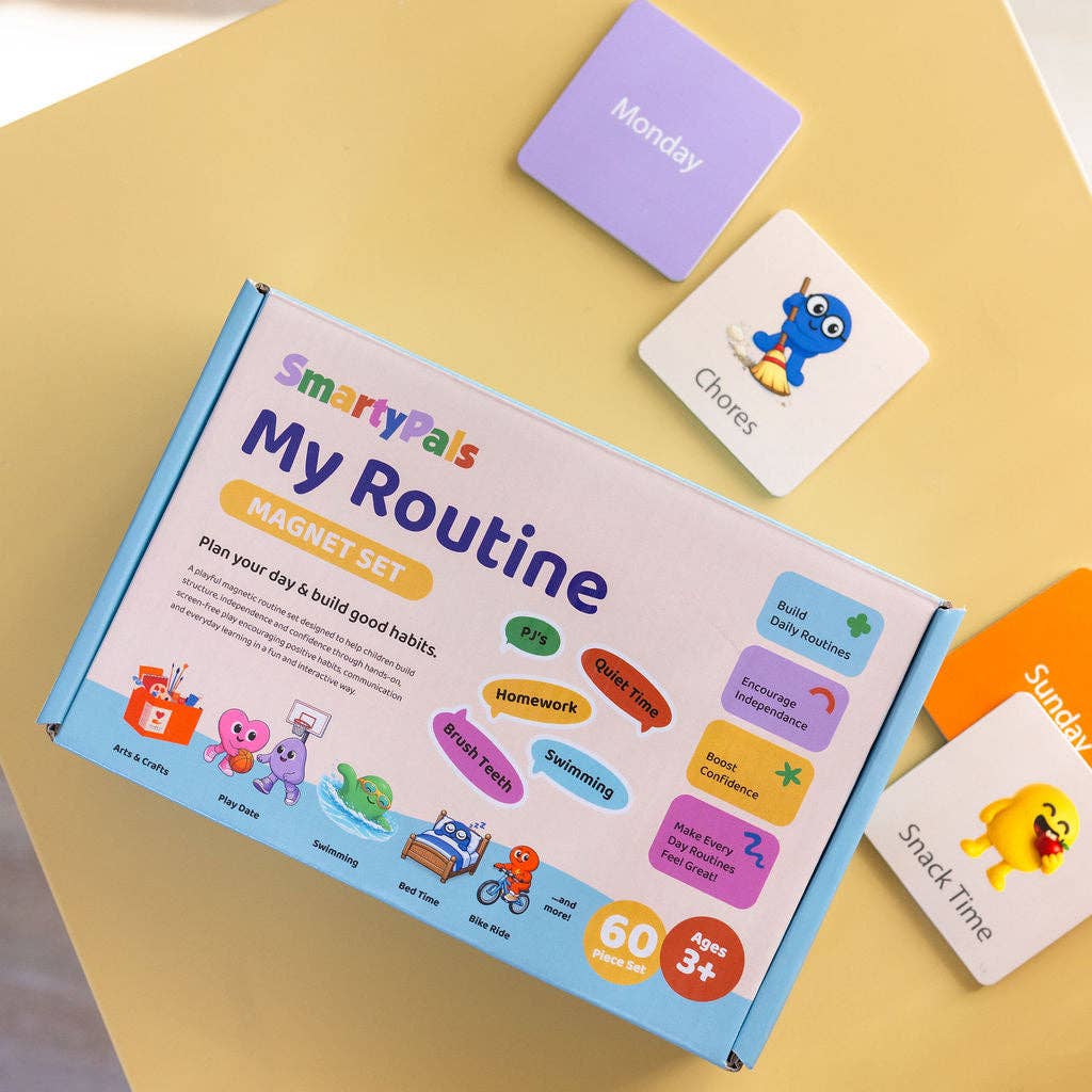 Smartypals magnetic routine set for kids, colorful toy magnets for daily activity organization and interactive play.