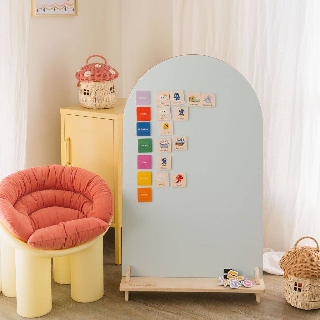 Smartypals magnetic routine set for kids with colorful magnetic tiles and icons on a white background, educational toy for children.