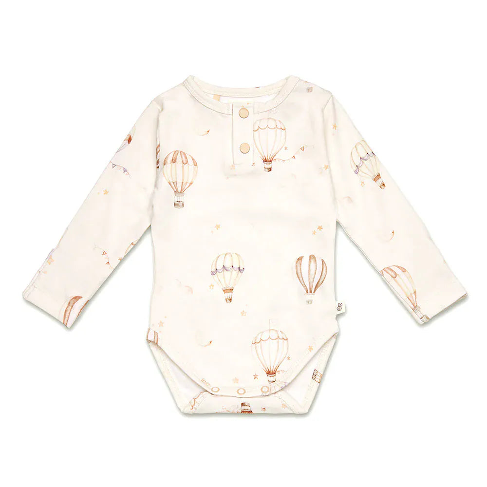 Snuggle Hunny Kids boys' long sleeve organic bodysuit with playful "Up & Away" print, soft fabric, and comfortable fit.