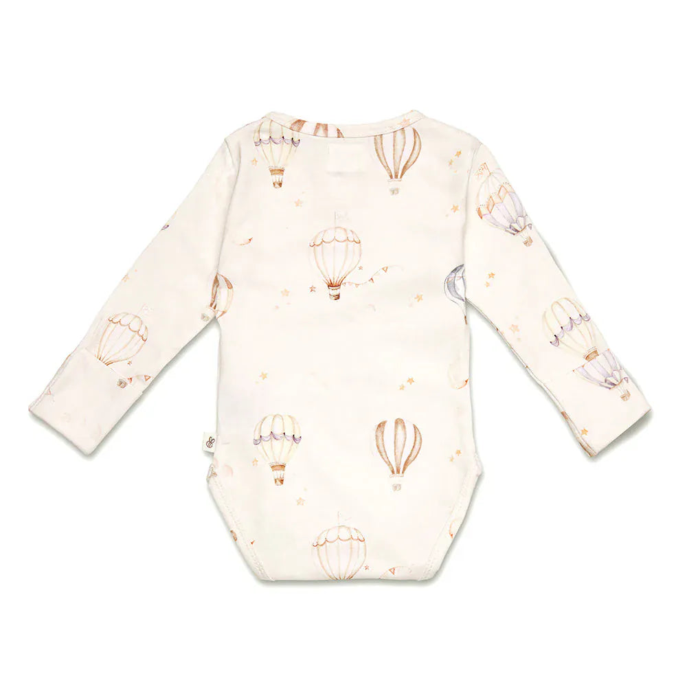 Snuggle Hunny Kids boys' long sleeve organic bodysuit with playful "Up & Away" design, soft fabric, perfect for babies.