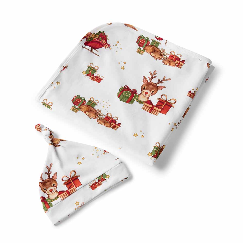 Snuggle Hunny Kids Gift Misc Reindeer Organic Jersey Wrap & Beanie Set + Milestone Card