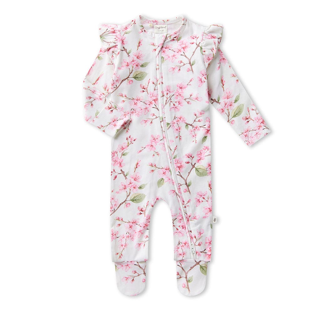 Snuggle Hunny Kids Girls All In One Cherry Blossom Organic Snuggle Sleepsuit Zip Footie with Frill