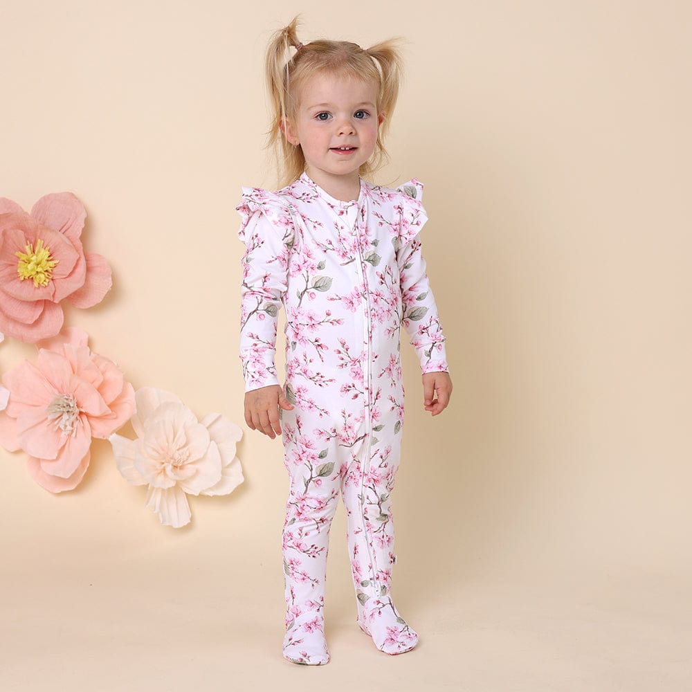 Snuggle Hunny Kids Girls All In One Cherry Blossom Organic Snuggle Sleepsuit Zip Footie with Frill