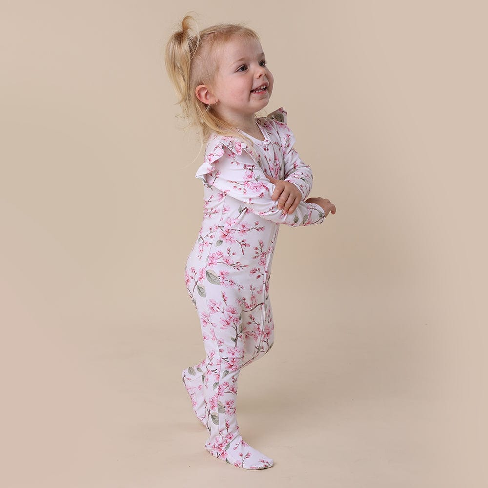 Snuggle Hunny Kids Girls All In One Cherry Blossom Organic Snuggle Sleepsuit Zip Footie with Frill