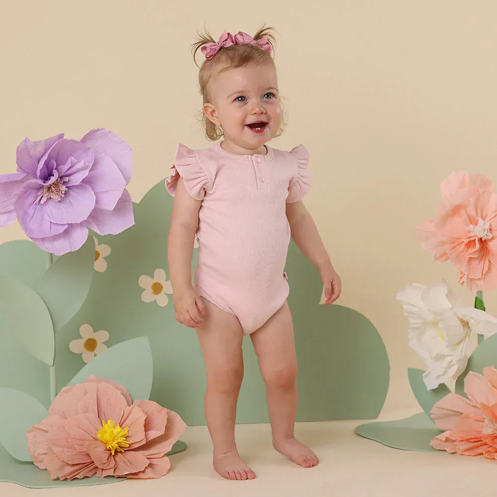 Snuggle Hunny Kids Girls Onesie Baby Pink Short Sleeve Organic Bodysuit with Frill