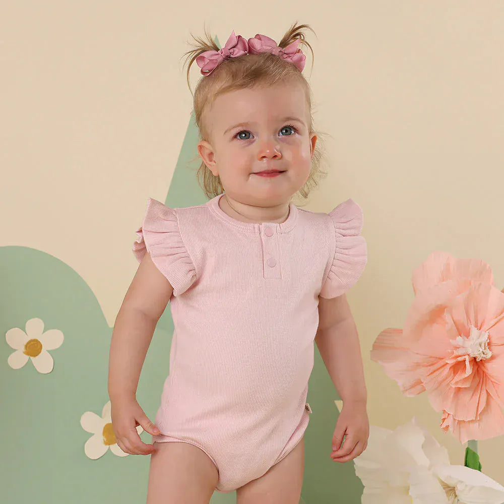 Snuggle Hunny Kids Girls Onesie Baby Pink Short Sleeve Organic Bodysuit with Frill