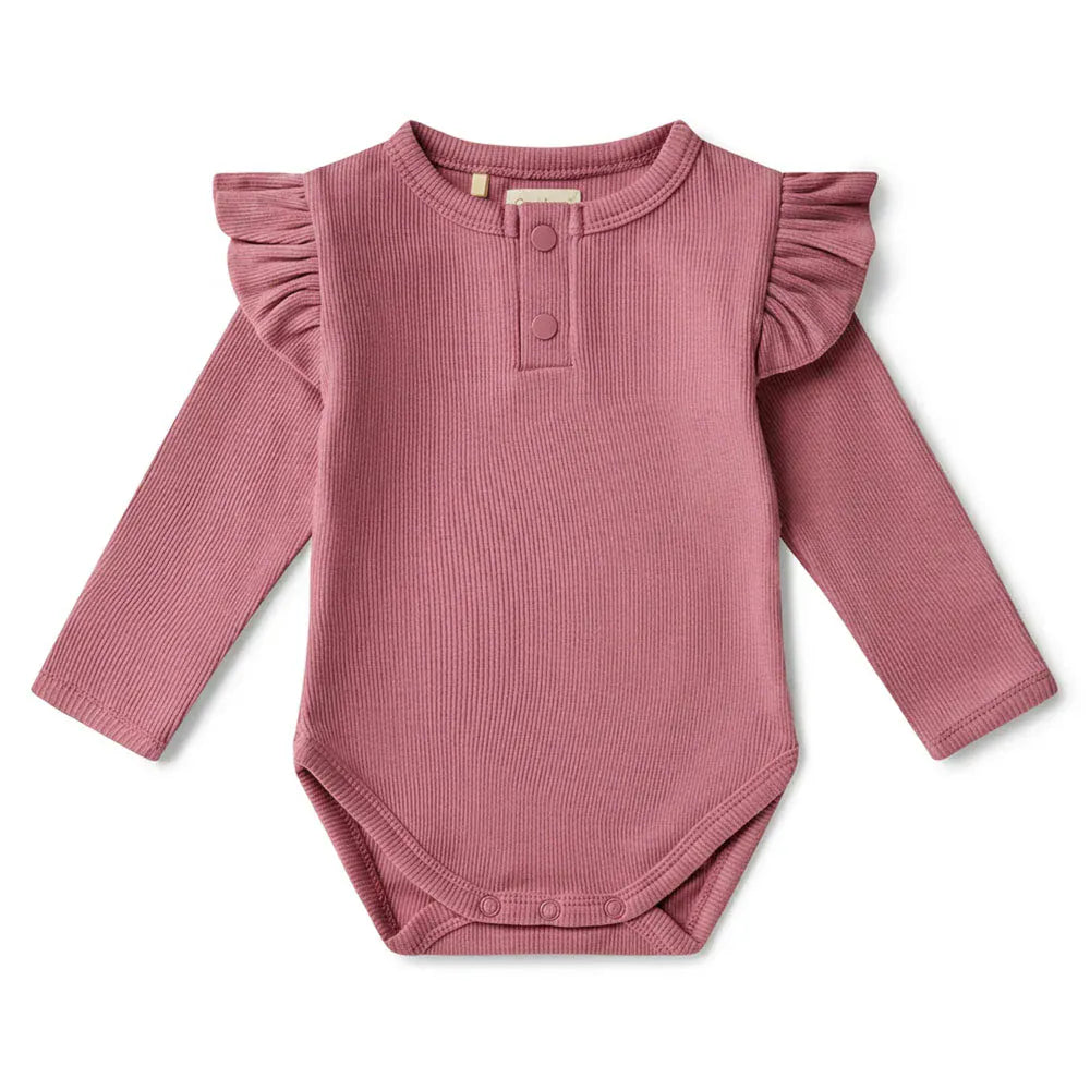 Snuggle Hunny Kids Girls Onesie Jewel Pink Rib Long Sleeve Organic Bodysuit with Frill