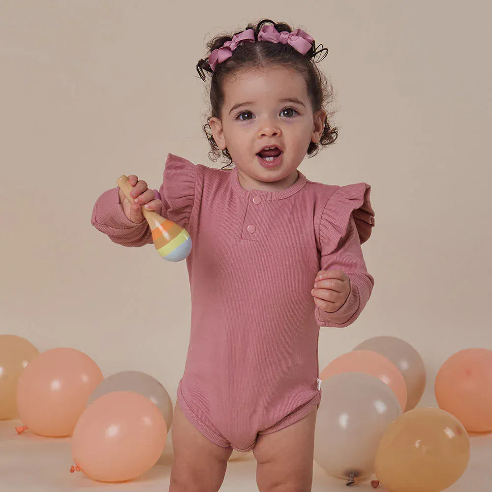 Snuggle Hunny Kids Girls Onesie Jewel Pink Rib Long Sleeve Organic Bodysuit with Frill