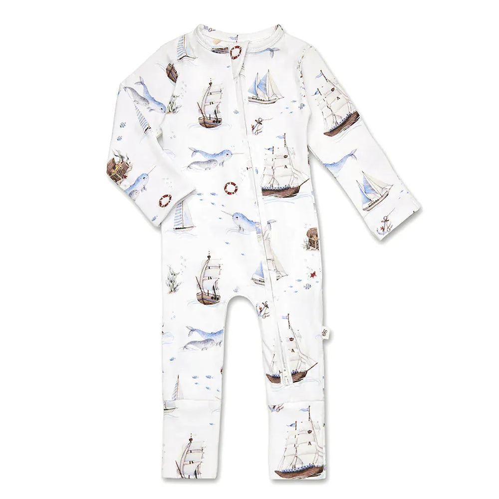 Snuggle Hunny Kids girls' organic Snugglesuit convertible romper with sailboat print, cozy and soft for comfortable wear.