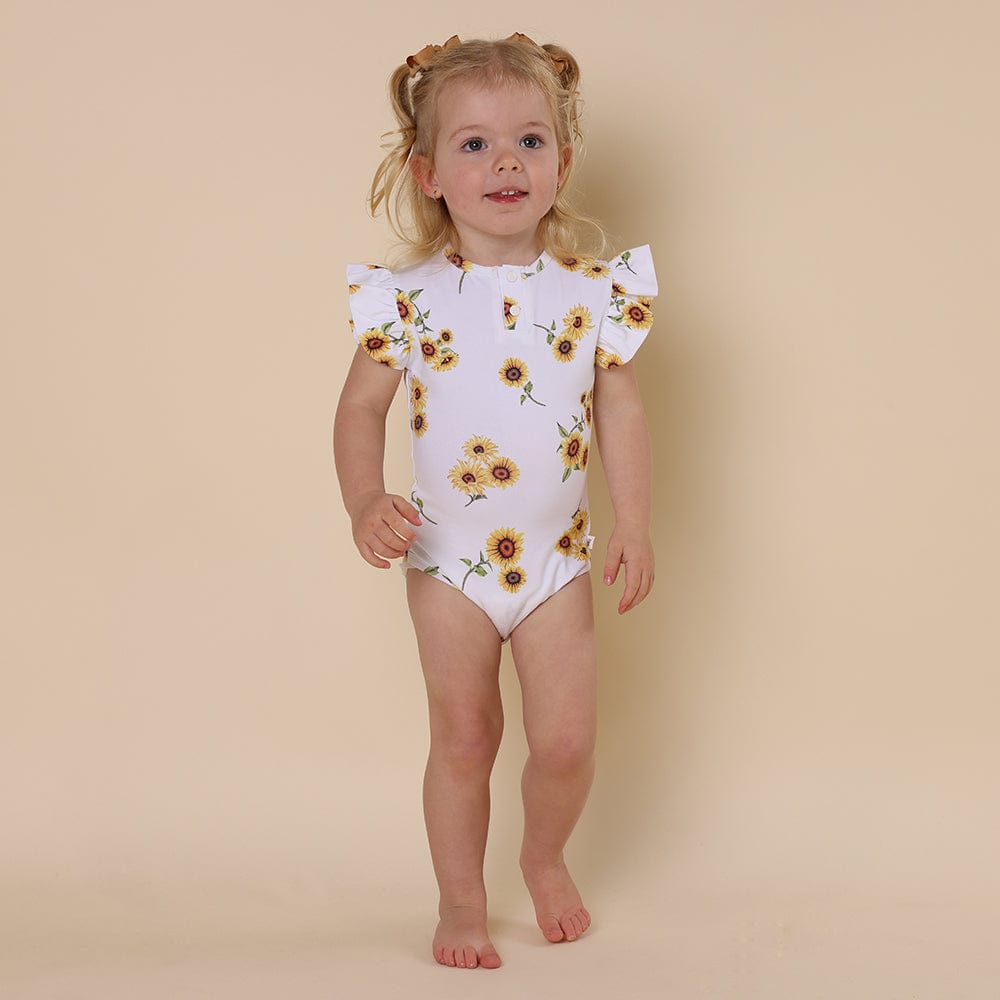 Snuggle Hunny Kids Girls Onesie Sunflower Short Sleeve Organic Bodysuit with Frill