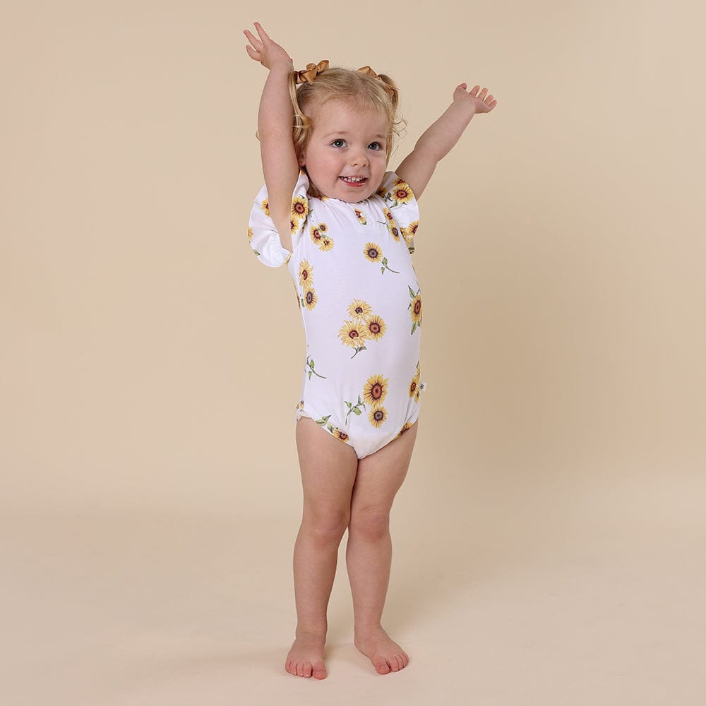 Snuggle Hunny Kids Girls Onesie Sunflower Short Sleeve Organic Bodysuit with Frill