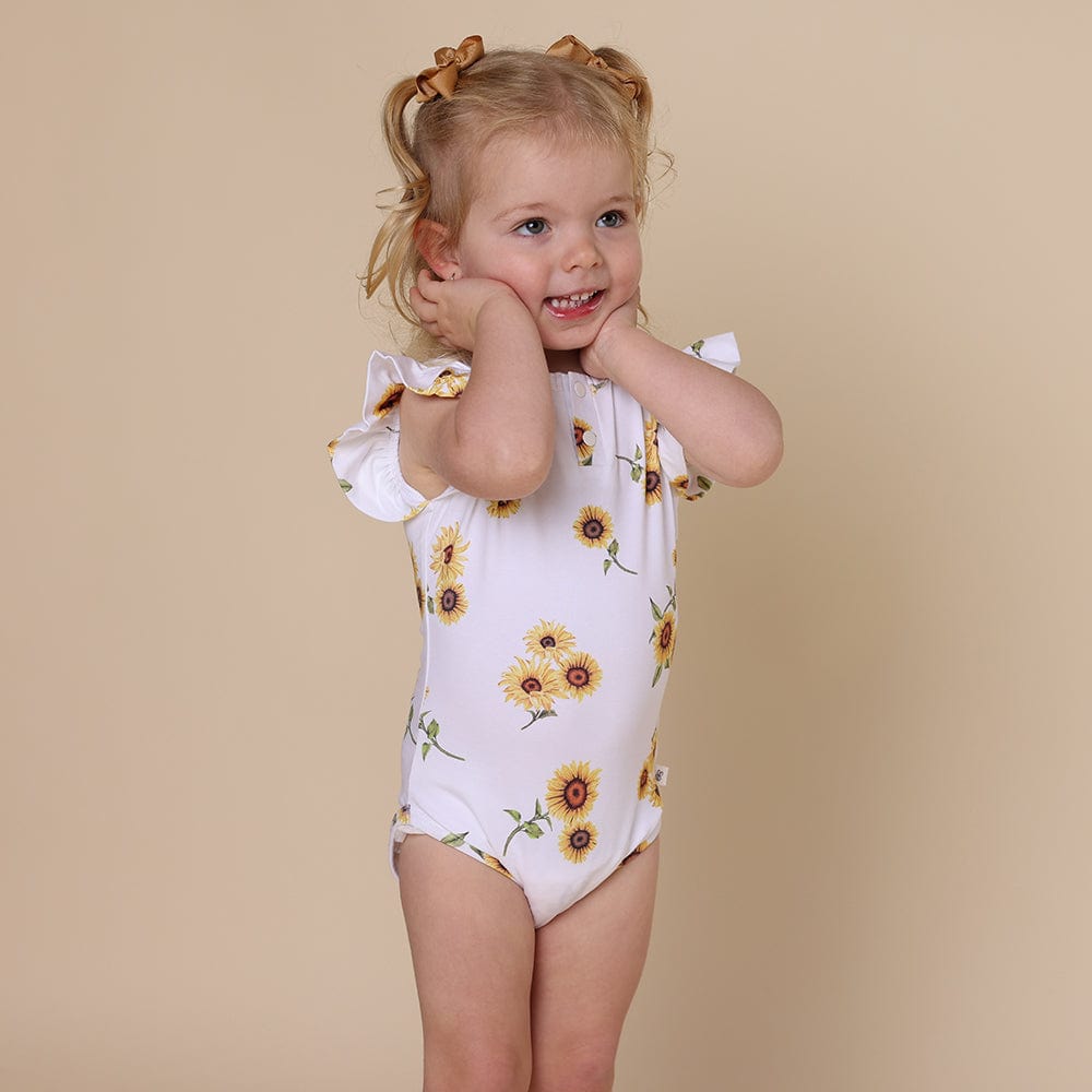 Snuggle Hunny Kids Girls Onesie Sunflower Short Sleeve Organic Bodysuit with Frill