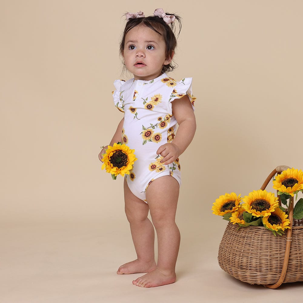 Snuggle Hunny Kids Girls Onesie Sunflower Short Sleeve Organic Bodysuit with Frill