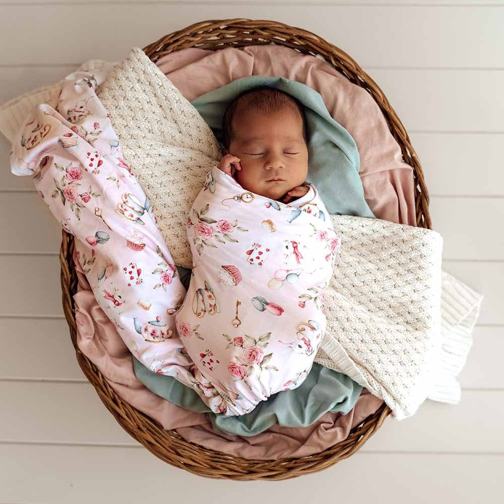 Snuggle Hunny Kids Linen Sheets Alice's Tea Party Organic Jersey Wrap & Topknot Set