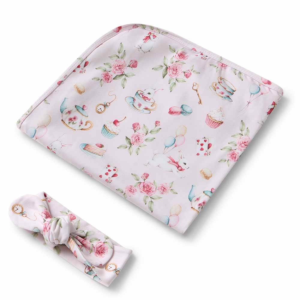 Snuggle Hunny Kids Linen Sheets Alice's Tea Party Organic Jersey Wrap & Topknot Set