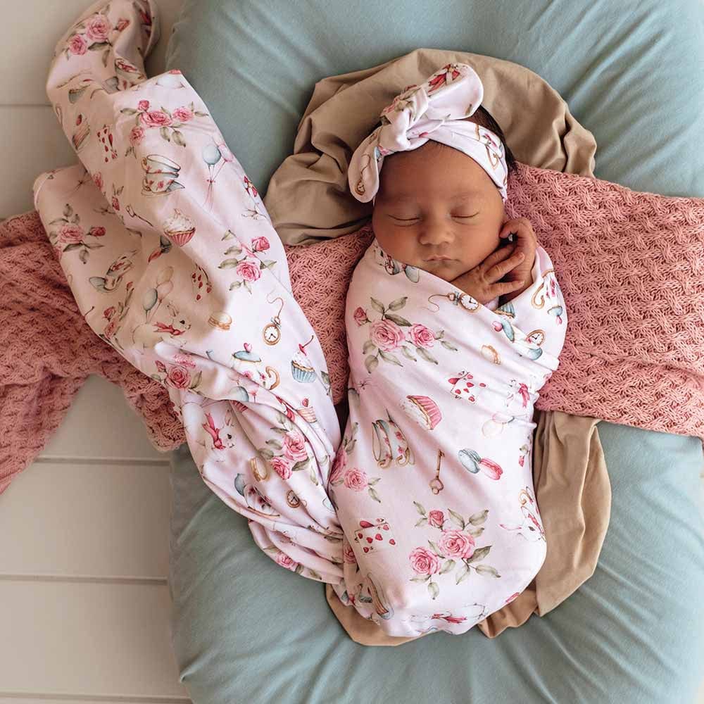 Snuggle Hunny Kids Linen Sheets Alice's Tea Party Organic Jersey Wrap & Topknot Set