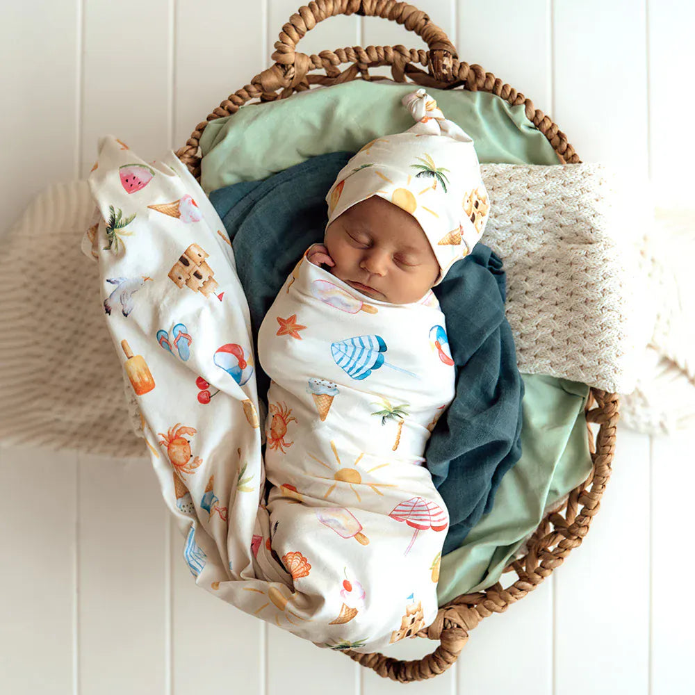 Snuggle Hunny Kids Linen Sheets Beach Fun Organic Jersey Wrap & Beanie Set