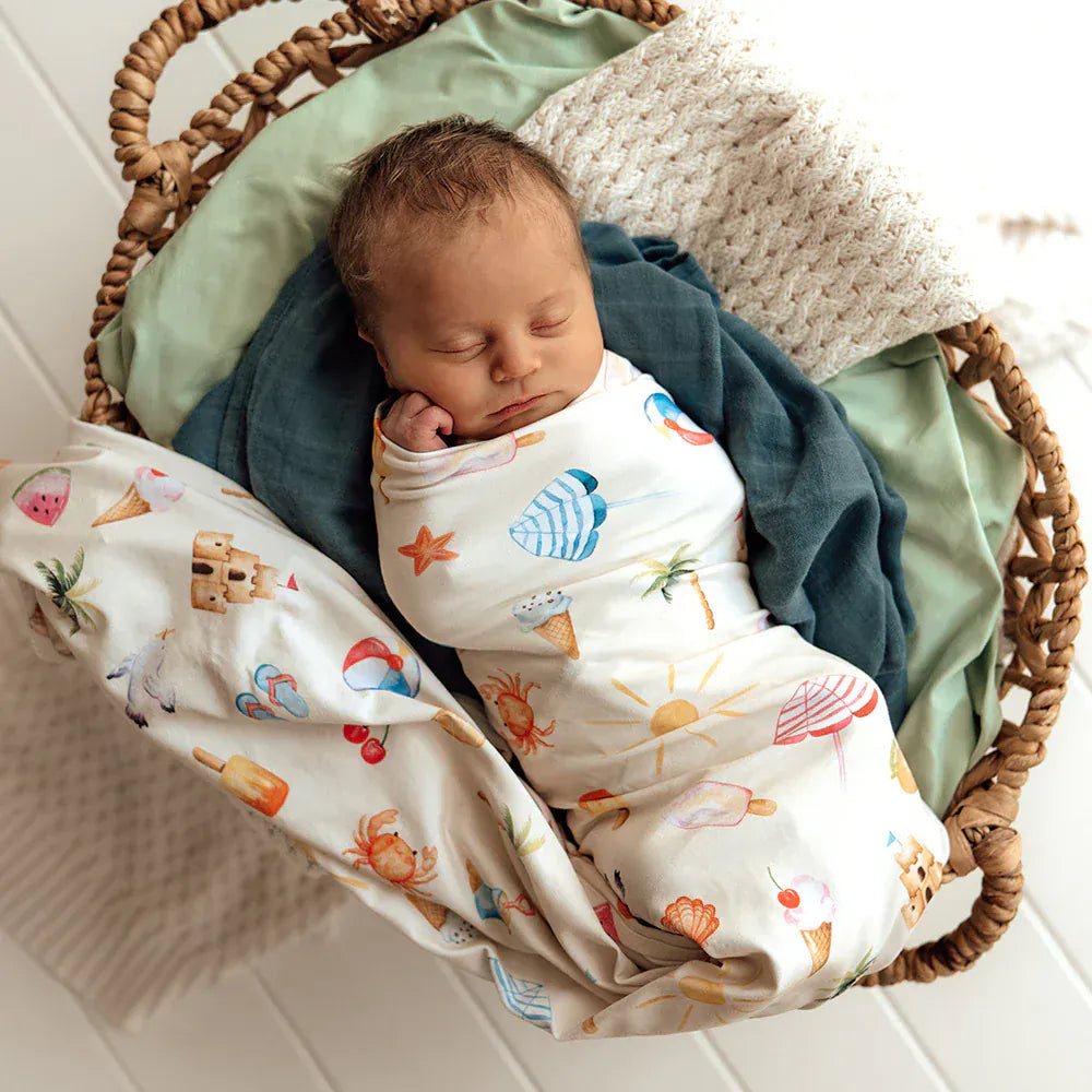 Snuggle Hunny Kids Linen Sheets Beach Fun Organic Jersey Wrap & Beanie Set