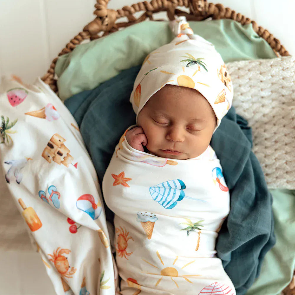 Snuggle Hunny Kids Linen Sheets Beach Fun Organic Jersey Wrap & Beanie Set